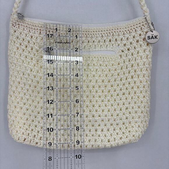 The Sak Crossbody Handbag Cream Crochet Woven Hobo Bag Pockets Zip Top Lined - Picture 8 of 10